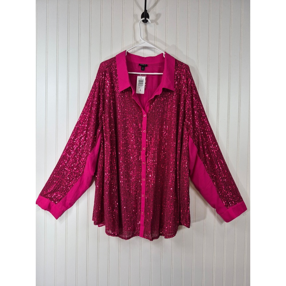 NWT Torrid Pink Peacock Sequin Button Down Shirt Long Sleeve Plus Size 5X 28